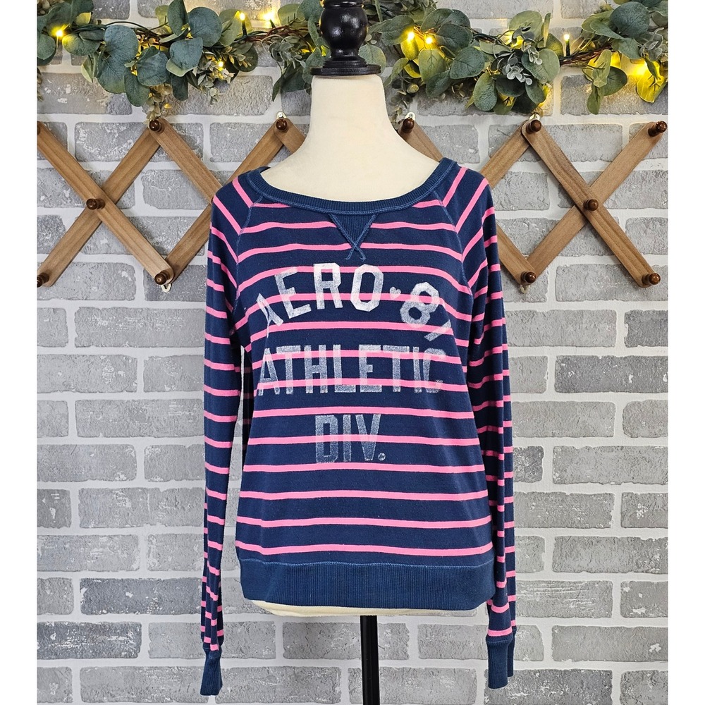 Aeropostale Womens Navy Pink Striped Glitter Graphic Knit Top‎ Juniors Large
